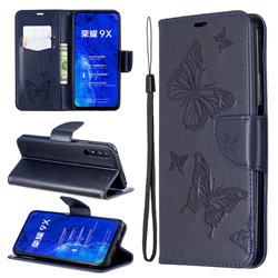 Embossing Double Butterfly Leather Wallet Case for Huawei Honor 9X - Dark Blue