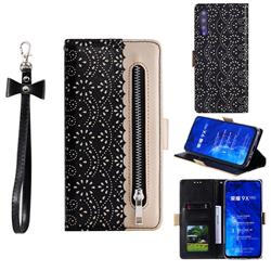 Luxury Lace Zipper Stitching Leather Phone Wallet Case for Huawei Honor 9X - Black