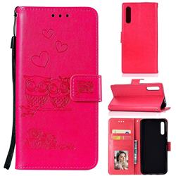 Embossing Owl Couple Flower Leather Wallet Case for Huawei Honor 9X - Red
