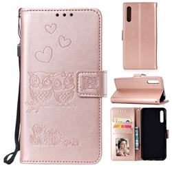 Embossing Owl Couple Flower Leather Wallet Case for Huawei Honor 9X - Rose Gold