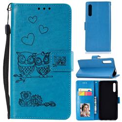 Embossing Owl Couple Flower Leather Wallet Case for Huawei Honor 9X - Blue