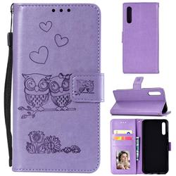 Embossing Owl Couple Flower Leather Wallet Case for Huawei Honor 9X - Purple