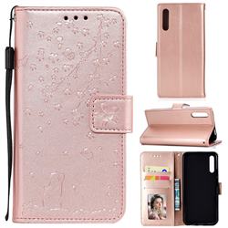 Embossing Cherry Blossom Cat Leather Wallet Case for Huawei Honor 9X - Rose Gold