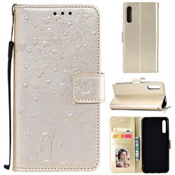 Embossing Cherry Blossom Cat Leather Wallet Case for Huawei Honor 9X - Golden