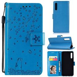 Embossing Cherry Blossom Cat Leather Wallet Case for Huawei Honor 9X - Blue