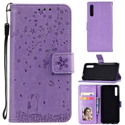 Embossing Cherry Blossom Cat Leather Wallet Case for Huawei Honor 9X - Purple