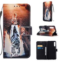 Cat and Tiger Matte Leather Wallet Phone Case for Huawei Honor 9X