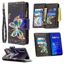 Golden Shining Butterfly Binfen Color BF03 Retro Zipper Leather Wallet Phone Case for Huawei Honor 9X