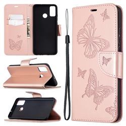 Embossing Double Butterfly Leather Wallet Case for Huawei Honor 9X Lite - Rose Gold