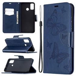 Embossing Double Butterfly Leather Wallet Case for Huawei Honor 9X Lite - Dark Blue