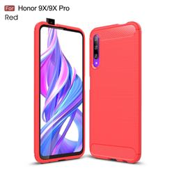 Luxury Carbon Fiber Brushed Wire Drawing Silicone TPU Back Cover for Huawei Honor 9X Pro - Red