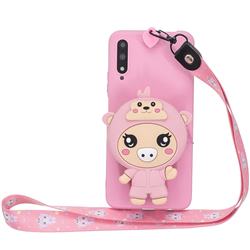 Pink Pig Neck Lanyard Zipper Wallet Silicone Case for Huawei Honor 9X Pro