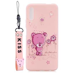 Pink Flower Bear Soft Kiss Candy Hand Strap Silicone Case for Huawei Honor 9X Pro