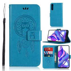 Intricate Embossing Owl Campanula Leather Wallet Case for Huawei Honor 9X Pro - Blue