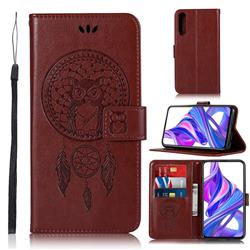 Intricate Embossing Owl Campanula Leather Wallet Case for Huawei Honor 9X Pro - Brown