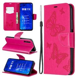 Embossing Double Butterfly Leather Wallet Case for Huawei Honor 9X Pro - Red
