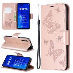 Embossing Double Butterfly Leather Wallet Case for Huawei Honor 9X Pro - Rose Gold
