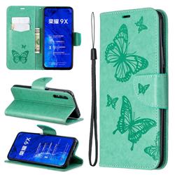 Embossing Double Butterfly Leather Wallet Case for Huawei Honor 9X Pro - Green
