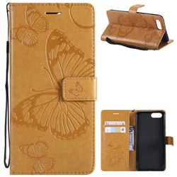 Embossing 3D Butterfly Leather Wallet Case for Huawei Honor View 10 (V10) - Yellow