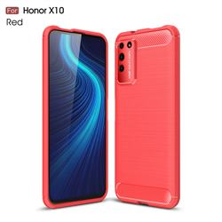 Luxury Carbon Fiber Brushed Wire Drawing Silicone TPU Back Cover for Huawei Honor X10 5G - Red