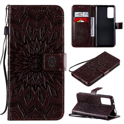 Embossing Sunflower Leather Wallet Case for Huawei Honor X10 5G - Brown