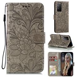 Intricate Embossing Lace Jasmine Flower Leather Wallet Case for Huawei Honor X10 5G - Gray