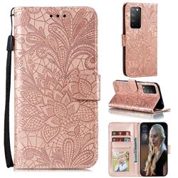 Intricate Embossing Lace Jasmine Flower Leather Wallet Case for Huawei Honor X10 5G - Rose Gold
