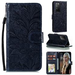 Intricate Embossing Lace Jasmine Flower Leather Wallet Case for Huawei Honor X10 5G - Dark Blue