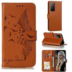 Intricate Embossing Lychee Feather Bird Leather Wallet Case for Huawei Honor X10 5G - Brown