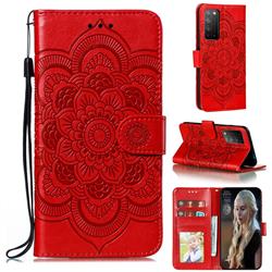 Intricate Embossing Datura Solar Leather Wallet Case for Huawei Honor X10 5G - Red