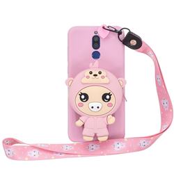 Pink Pig Neck Lanyard Zipper Wallet Silicone Case for Huawei Mate 10 Lite / Nova 2i / Horor 9i / G10