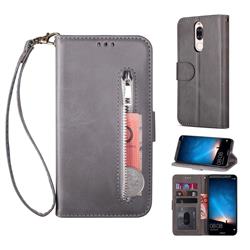 Retro Calfskin Zipper Leather Wallet Case Cover for Huawei Mate 10 Lite / Nova 2i / Horor 9i / G10 - Grey