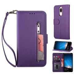 Retro Calfskin Zipper Leather Wallet Case Cover for Huawei Mate 10 Lite / Nova 2i / Horor 9i / G10 - Purple