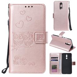 Embossing Owl Couple Flower Leather Wallet Case for Huawei Mate 10 Lite / Nova 2i / Horor 9i / G10 - Rose Gold