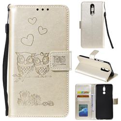 Embossing Owl Couple Flower Leather Wallet Case for Huawei Mate 10 Lite / Nova 2i / Horor 9i / G10 - Golden