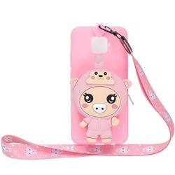 Pink Pig Neck Lanyard Zipper Wallet Silicone Case for Huawei Mate 20