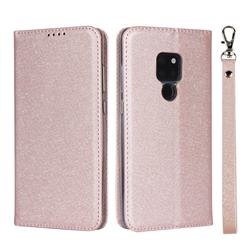 Ultra Slim Magnetic Automatic Suction Silk Lanyard Leather Flip Cover for Huawei Mate 20 - Rose Gold
