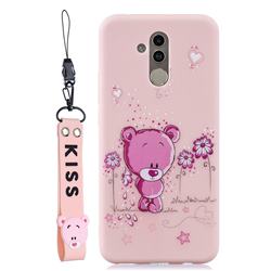 Pink Flower Bear Soft Kiss Candy Hand Strap Silicone Case for Huawei Mate 20 Lite