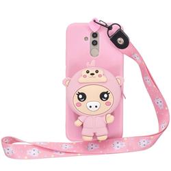 Pink Pig Neck Lanyard Zipper Wallet Silicone Case for Huawei Mate 20 Lite