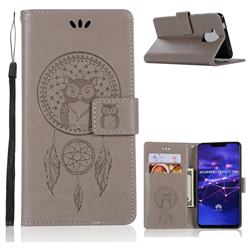 Intricate Embossing Owl Campanula Leather Wallet Case for Huawei Mate 20 Lite - Grey