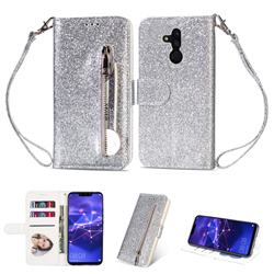 Glitter Shine Leather Zipper Wallet Phone Case for Huawei Mate 20 Lite - Silver