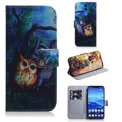 Oil Painting Owl PU Leather Wallet Case for Huawei Mate 20 Lite