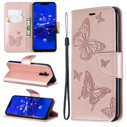 Embossing Double Butterfly Leather Wallet Case for Huawei Mate 20 Lite - Rose Gold