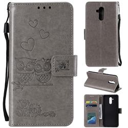Embossing Owl Couple Flower Leather Wallet Case for Huawei Mate 20 Lite - Gray