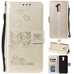 Embossing Owl Couple Flower Leather Wallet Case for Huawei Mate 20 Lite - Golden