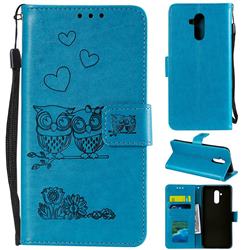 Embossing Owl Couple Flower Leather Wallet Case for Huawei Mate 20 Lite - Blue