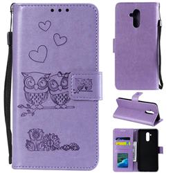 Embossing Owl Couple Flower Leather Wallet Case for Huawei Mate 20 Lite - Purple