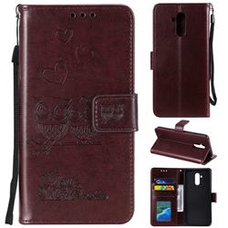 Embossing Owl Couple Flower Leather Wallet Case for Huawei Mate 20 Lite - Brown