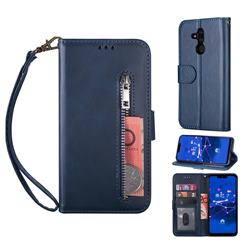 Retro Calfskin Zipper Leather Wallet Case Cover for Huawei Mate 20 Lite - Blue