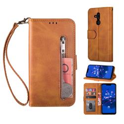 Retro Calfskin Zipper Leather Wallet Case Cover for Huawei Mate 20 Lite - Brown
